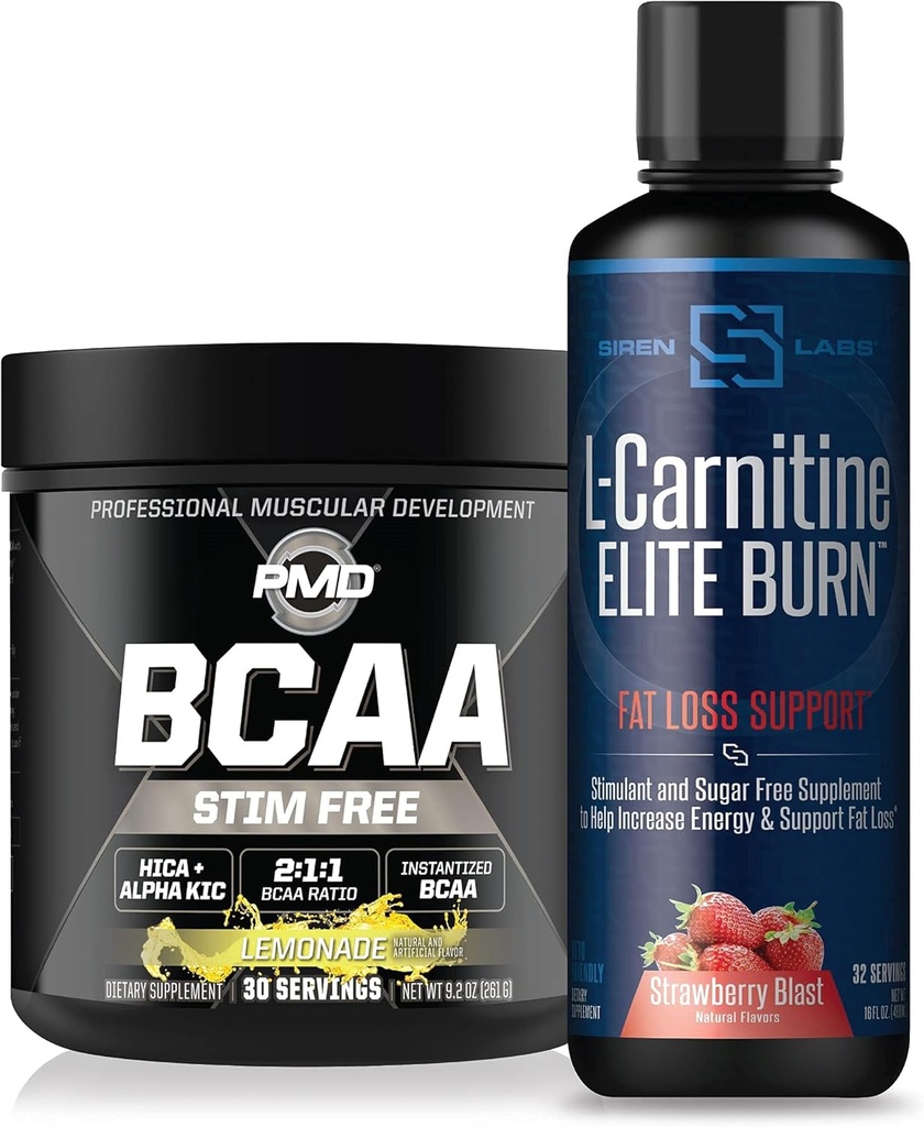 PMD Sports BCAA 's Stim Free for Recovery and Performance Lemonade (30 Servings) & Siren Labs L- Carnitine Elite Fat Loss Duss Strawberry Blast 3000 mg (32 Servings)