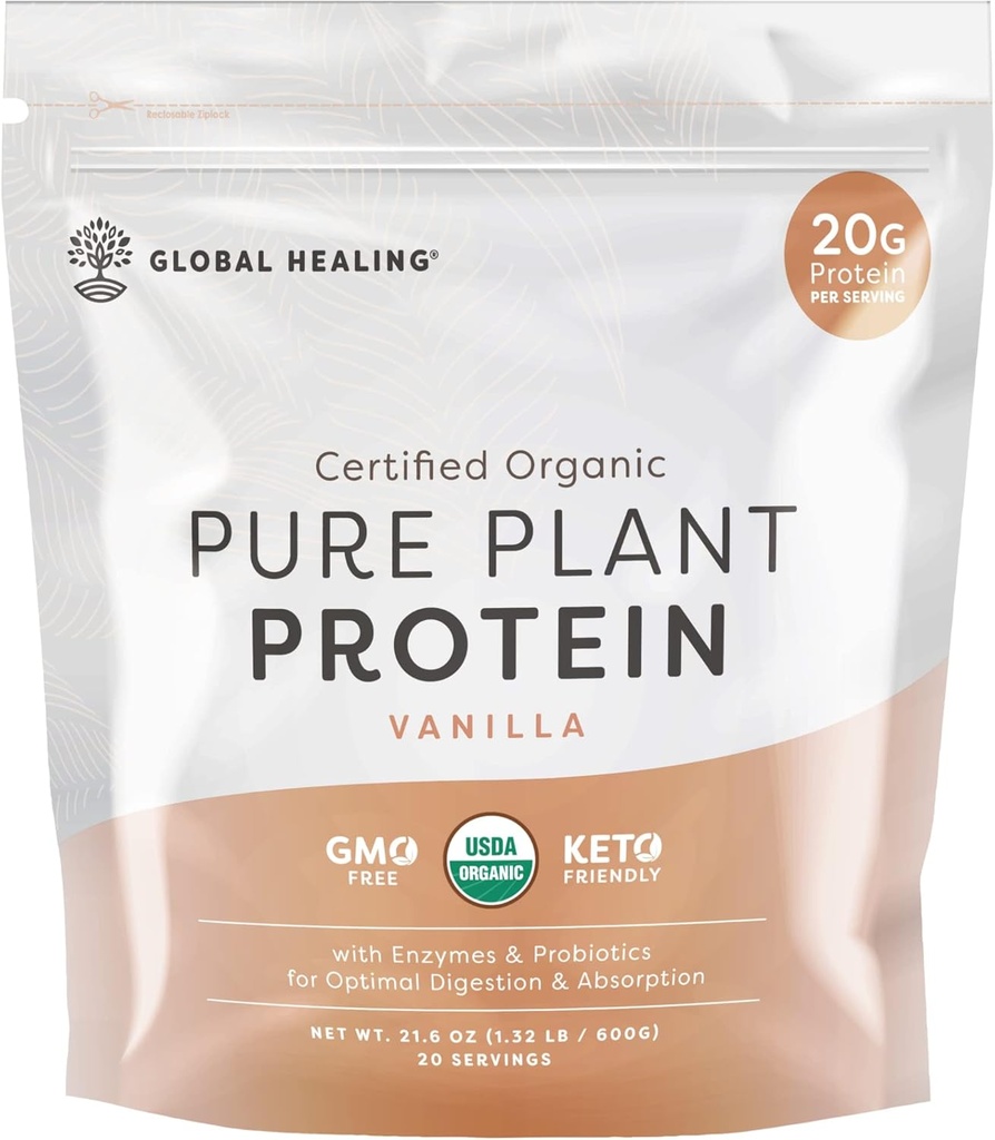 Global Healing Vegan Vanilla, Plant Based Protein Powder for Women, Organic, Meal Replacement (20 G Pelayan Protein)