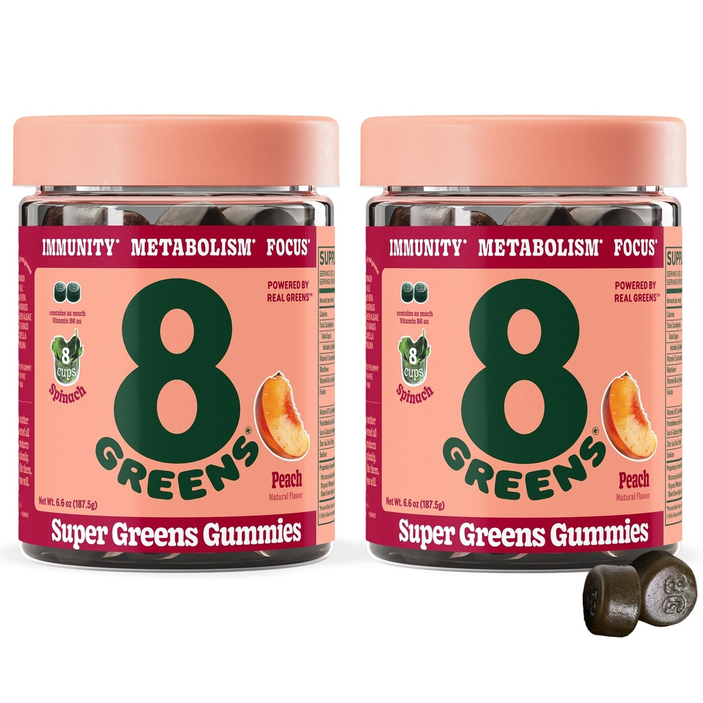 Super Greens Powder Gummy Superfood untuk Metabolism, Imunity & Focus, Digetical Health Enzymes, Organic: Chlorella, Spirulina, Aloe Vera, Peach Flavor, 100 Count