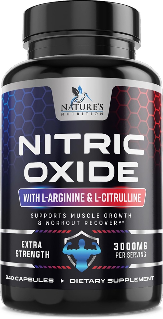 Nitric Oxide Booster Ekstra Kekuatan 3000mg - 3X Kekuatan L-Arginine & Citruline, Tambahan Nitric Oxide Terbaik untuk Pria, Supports Muscle, Heart Health Supplemen, Botol di AS, 240 Capsules
