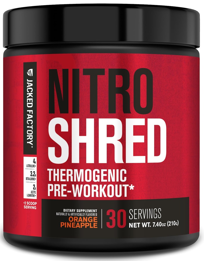 Jacked Factory NITROSURGE Shred Pre Workout Suplemen - Energy Booster, Instant Power Gains, Sharp Focus, Powerful Pumps - Nitric Oxide Booster & PreWorkout Quoder - 30Sv, Orange Pineapple