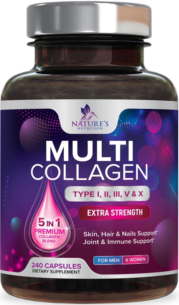 Suplemen Multi Collagen 2400 mg - Tipes I, II, III, V & X Multi Collagen Peptides Pills for Women & Men, Suplemen Collagen Hydrolyzed, Hair, Skin, Nail, & Gabungan Dukungan Dukungan