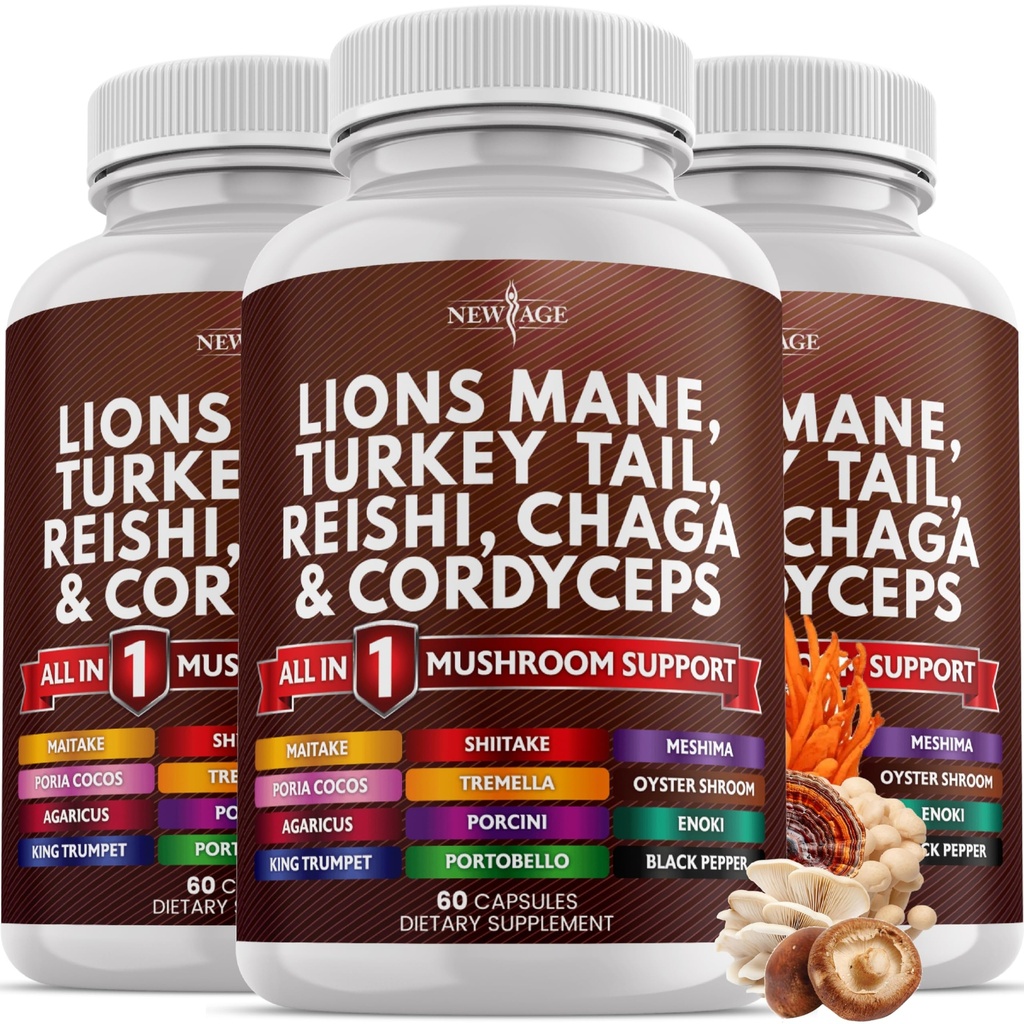 New Age Lions Mane Jamur Tambahan dengan Turkey Tail Reishi Cordyceps Chaga dengan Marshmallow Root 180 Count