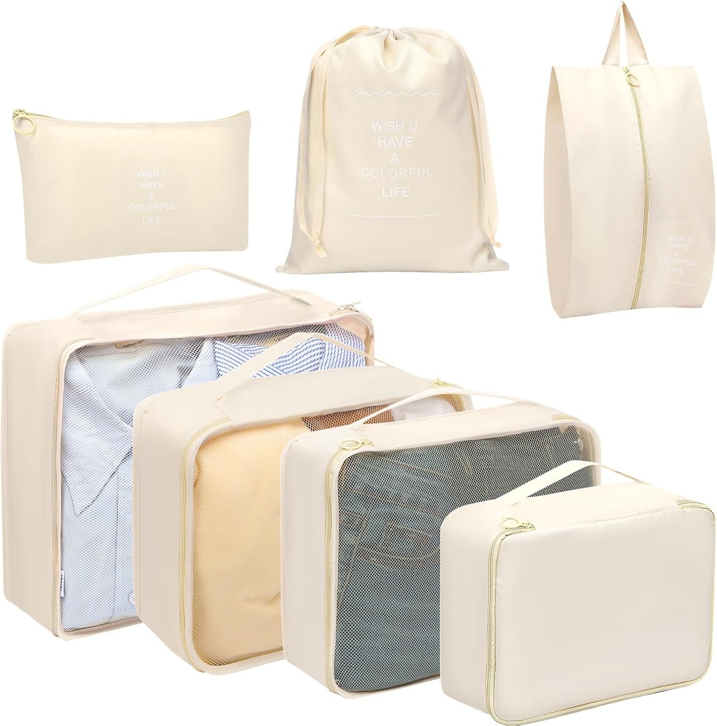 Toplive 7 Set Packing Cubes for Travel, Luxement Organizer Bags for Travel Accessories, Compression Packing Cubes, Beige