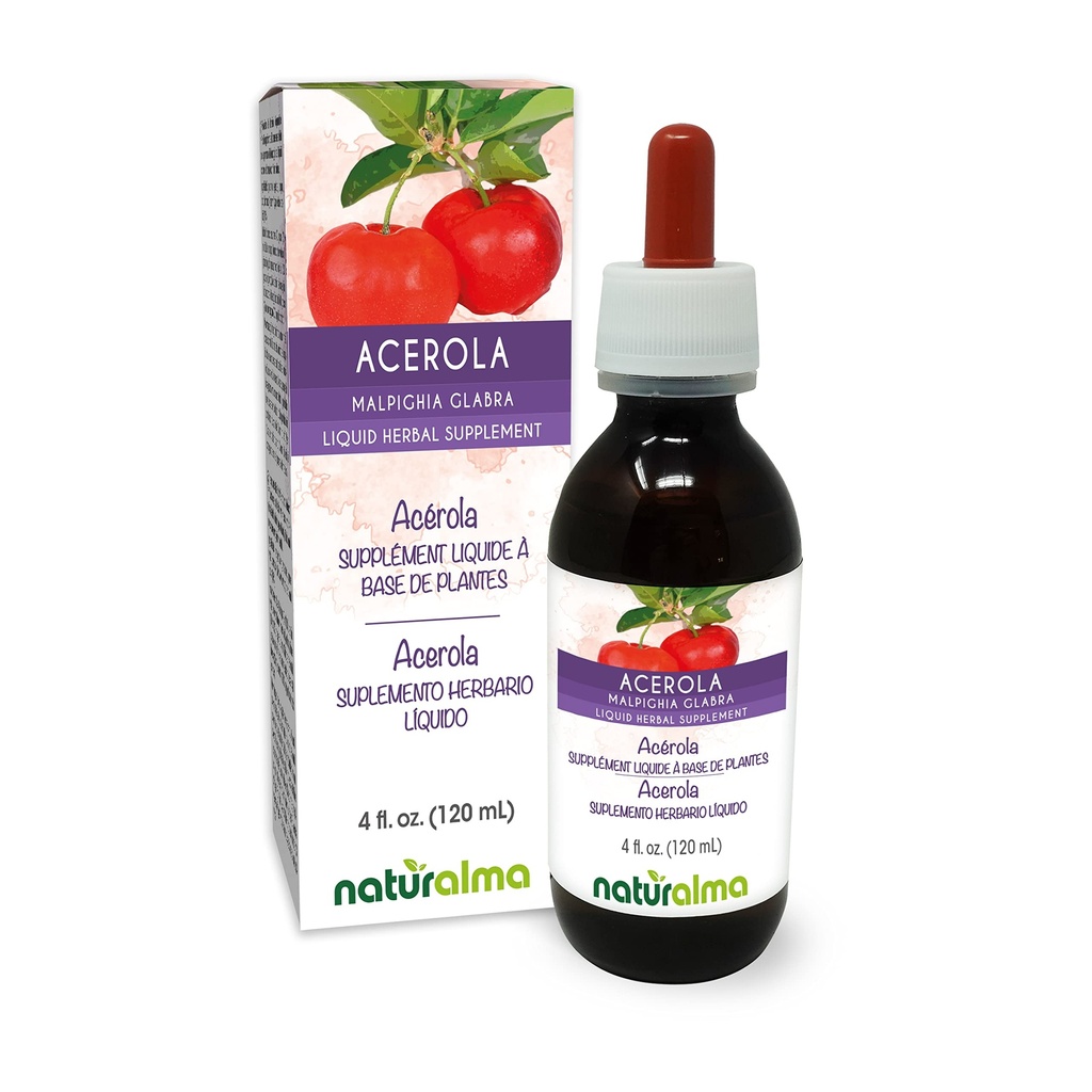 Natualma Acerola (Malpighia glabra) Fruit Alcohol- Free Taincture - Rich in Vitamin C - 4 fl oz Liquid Extract in Drops - Herbal Supplemen - Vegan