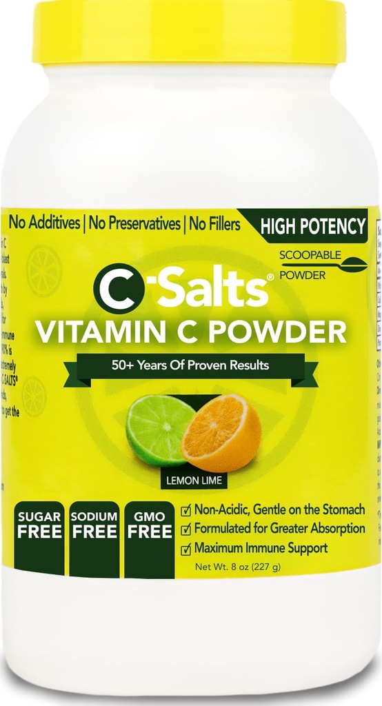 C-Salts Vitamin C Powder Tambahan - 100% Murni Tinggi Dose Buffered Vitamin C Powder untuk Dukungan Imune - Organik, Sugar- Bebas, Vegan, Non- GMO, Stoach- Friendly, Lemon Lime 8oz