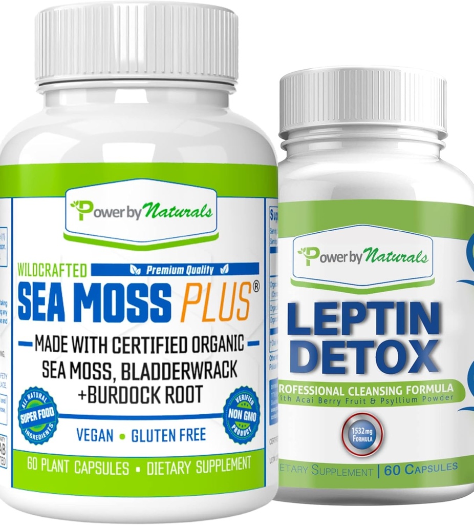 Power By Compals: Organic Sea Moss dan Leptin Detox Bundle - 60 Vegan Capsules Masing-masing - Plant - Berbasis, Gluten- Free Suplemen Imune dan Pembersih Alam