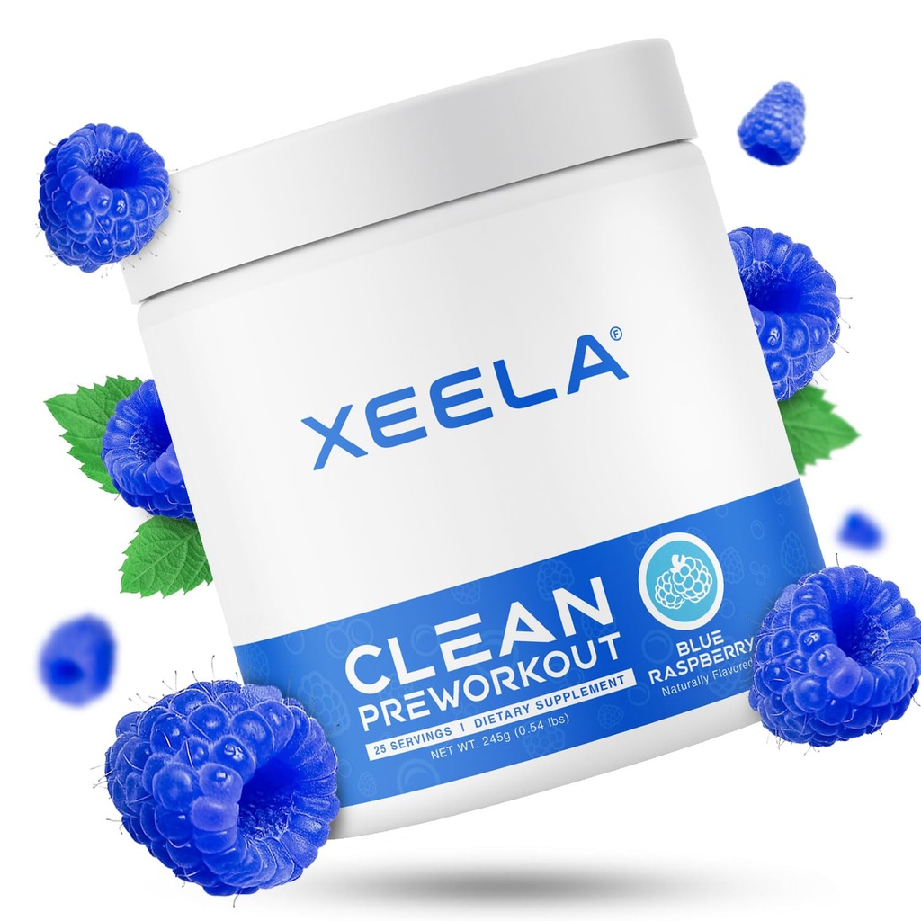 XEELA Pra Workout Powder - Clean & Testing - Jitter Free, Safe, and Natural - Increase Thermogenic Energy, Focus, and Endurance w / Creatine, Organic Caffeine, and Plant Based Citrulline (Blue Raspberry)