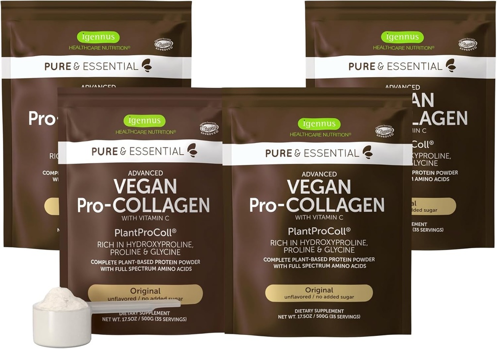 Igennus Vegan Collagen Peptide Powder, Enhanced with Glycine, Prine & Hydroxyproline & Cofactor Vitamin C, Non GMO, Complete Vegetarian Plant Based Collagen Powder Booster, 4 x 35 Servings