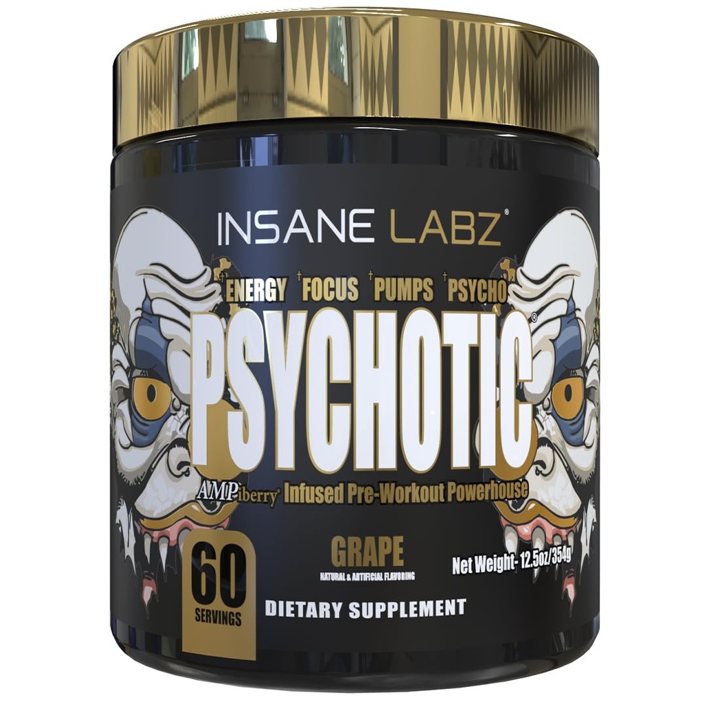 Emas Gila Labz Psychotic, Powder Pre Stimulant Tinggi, Energi Semprot Ekstrim, Pumps dan Endurance dengan Beta Alanine, DMAE Bitarkling, NO Booster (60 Servings, Grape)
