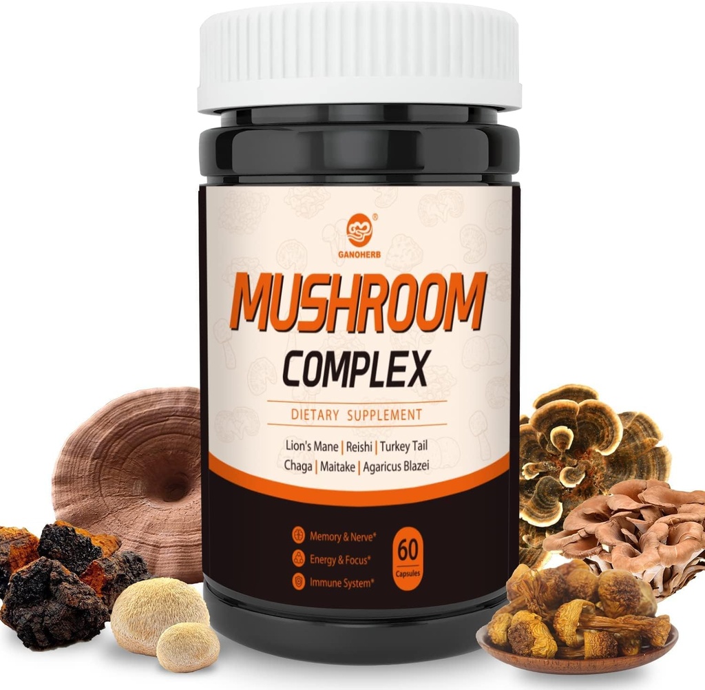 Kompleks Suplemen Jamur, Lions Mane, Reishi, Turkey Tail, Chaga, Maitake, Agaricus, 6 Mashroom Organik Tinggi untuk Energi, Fokus, Dukungan Sistem Memory & Imune