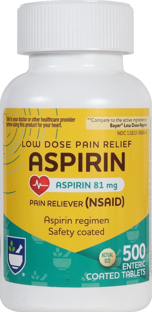 Rite Aspirin Entertaic Tablet - 81 mg Aspirin - 500 Count - Dose for Headache Relief - Safety Coated - Aspirin Regimen - Migraine Medicine