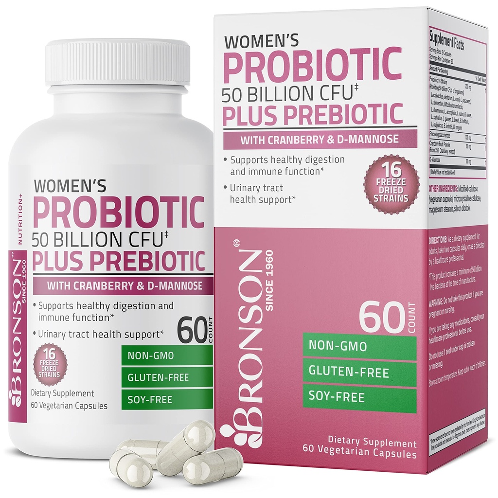 Probiotik Wanita Bronson 50 Miliar CFU + Prebiotic dengan Cranberry & D-Mannose - Vaginal Healthy Distable, Immune Fungsi dan Dukungan Lembab Uriner, Non-GMO, 60 Vegetarian Capsules