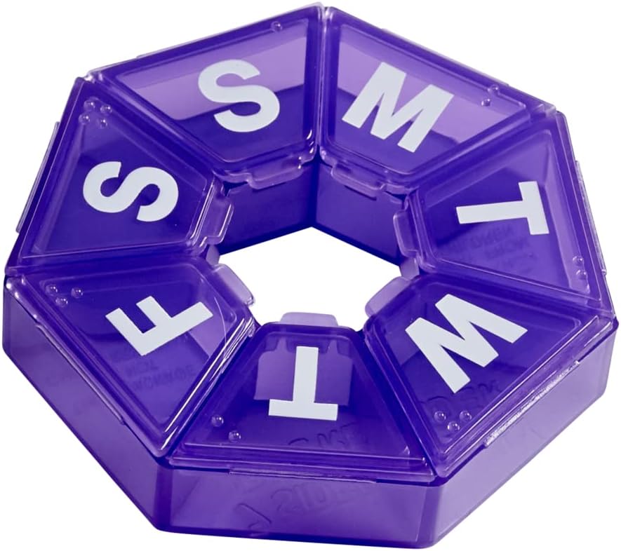 EZY DOSE Weekly Pill Organizer, Medicine Box, and Vitamin Planner, Travel Pill Planner, Portable Storage, 7- Sided, Purple, BPA Free