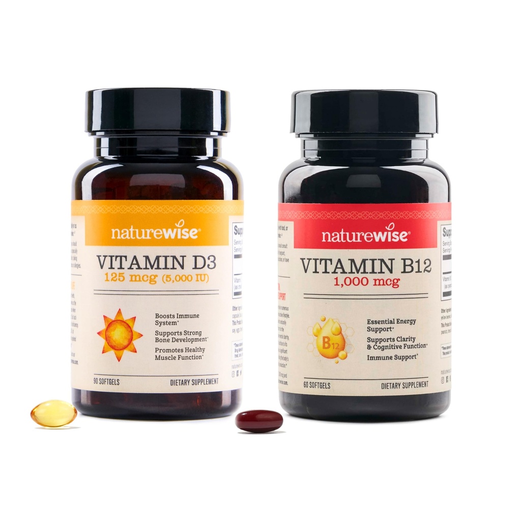 Naturewise Vitamin D3 5000iu, B12 100mcg Mental Clarity Energy Dukung Kesehatan Non-GMO Gluten Olive Oil Softgels