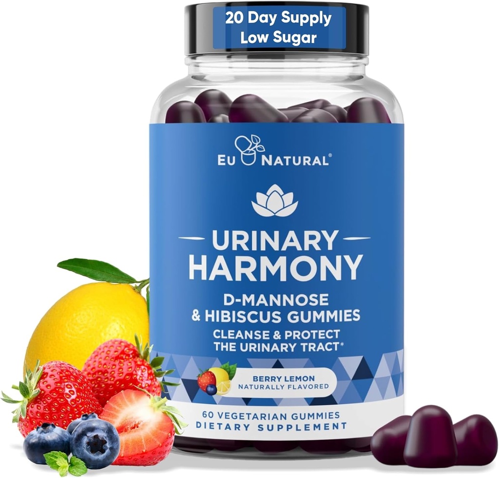 Uriner Harmony D Mannose Gummies for Urinary Trakte Health - D- Mannose & Hibiscus Cleanse, Flush & Protect the Urinary System - Progeral Formula, Drug Free - 60 Berry Lemon Flavor Gummies, 20 Day Supply
