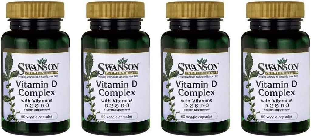Swanson Vitamin D Complex with Vitamin D2 & D3 - Complex Sunshine Vitamin untuk Bone, Dental & Imune Health - Vitamin Suplemen (50 mcg, 60 Vevgie Capsules) 4 Pack