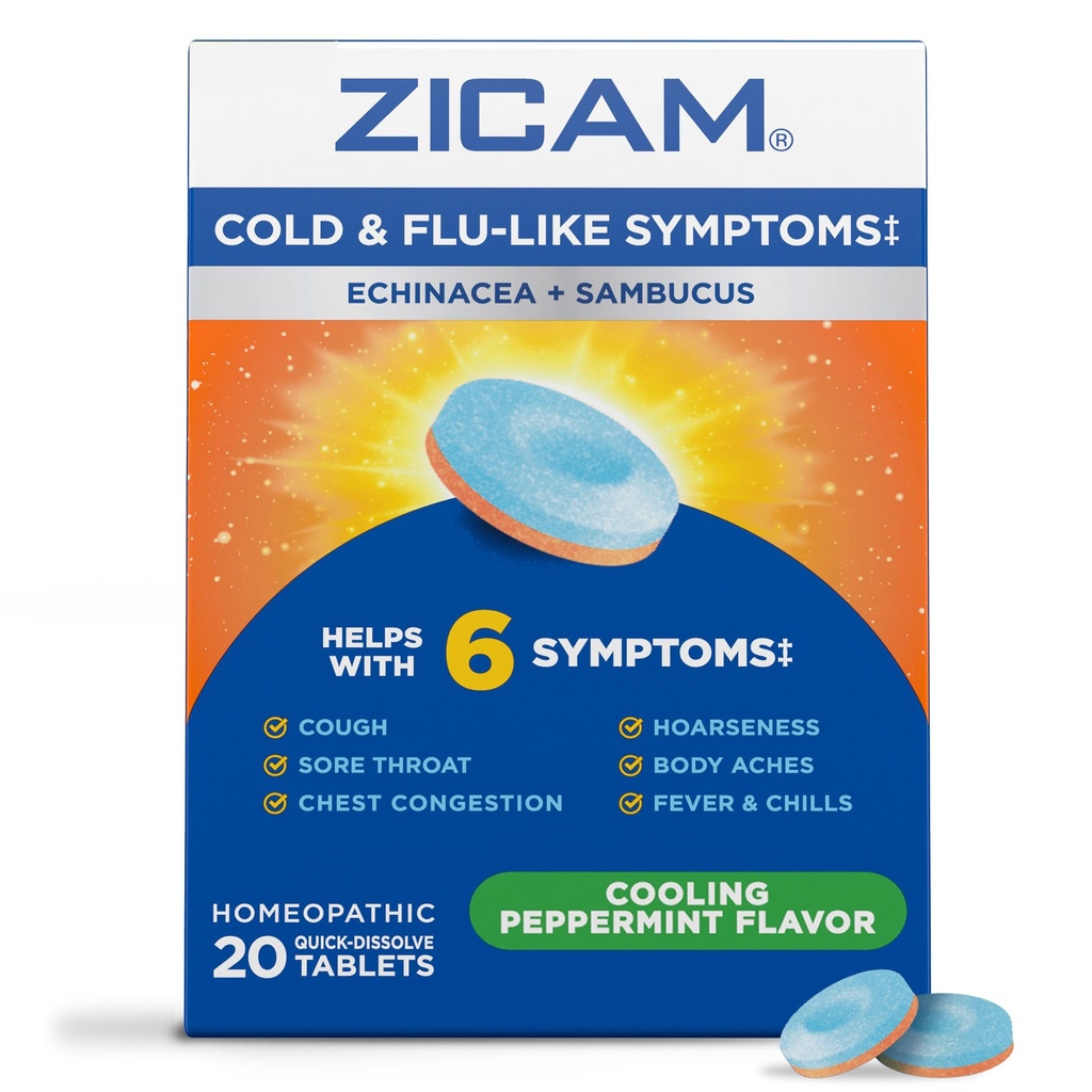 Zicam Cold & FluLike Gejala dengan Echinacea dan Sambucus, Homeopathic, Zinc, Cooling Peppermint Flavor, Helping with Cold Sympitics, 20 tablet