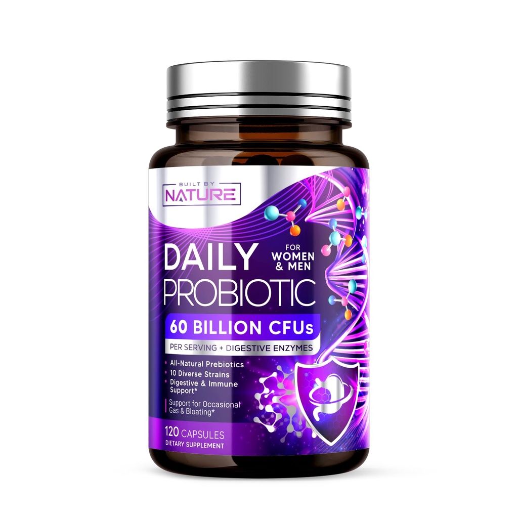 Dibangun oleh Nature Probiotic for Women & Men - 60 Million CFU, 10 Strains + Pregities & Digetical Enzymes - Support Digetical, Imune, Reduce Gas & Bloating - Shelf Stable, Non-GMO - 120 Capsules