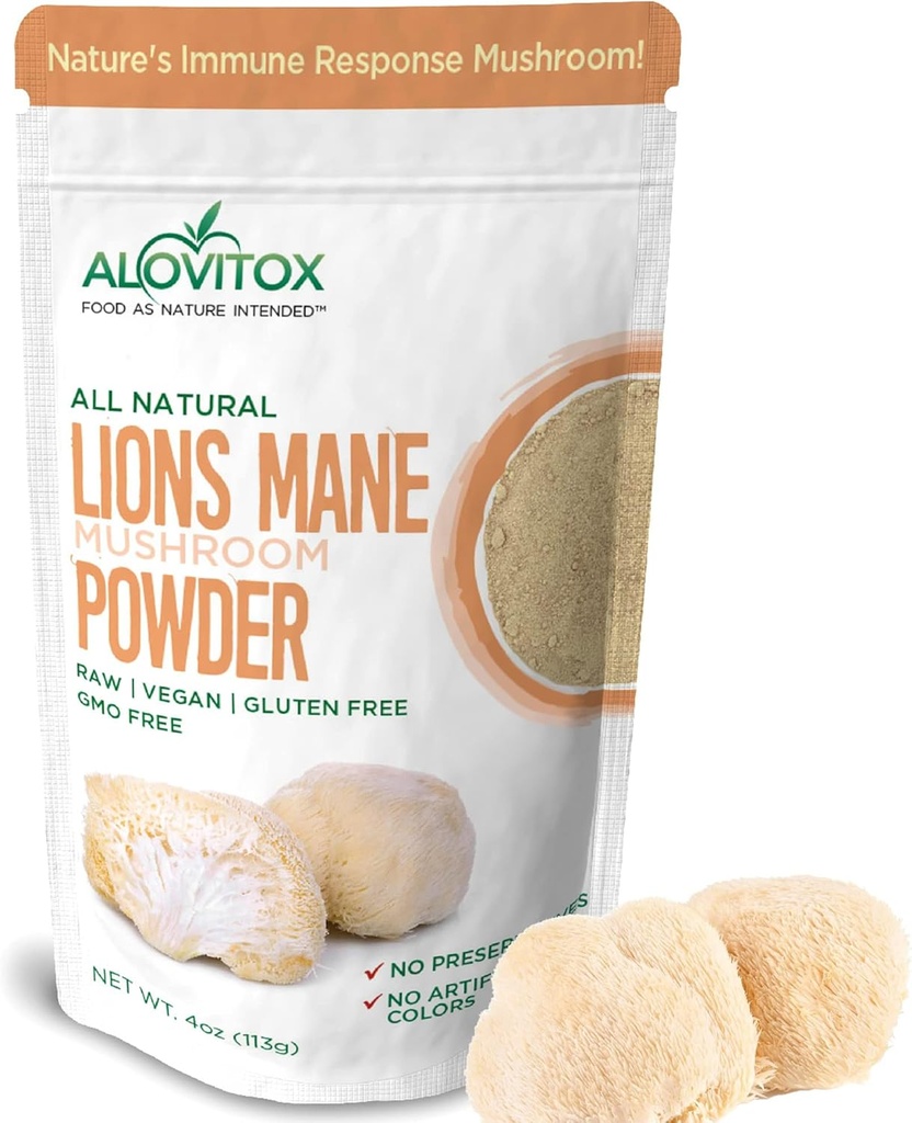 Alovitox Organic Lion 's Mane Mashroom Powder 124; Natural Superfood for Brain, Energy & Imune Health, Menyediakan Dukungan Neural, Perlindungan GI, Mandiovascular Beneces 124; Nor-GMO, Vegan, Gluten- Free 124z