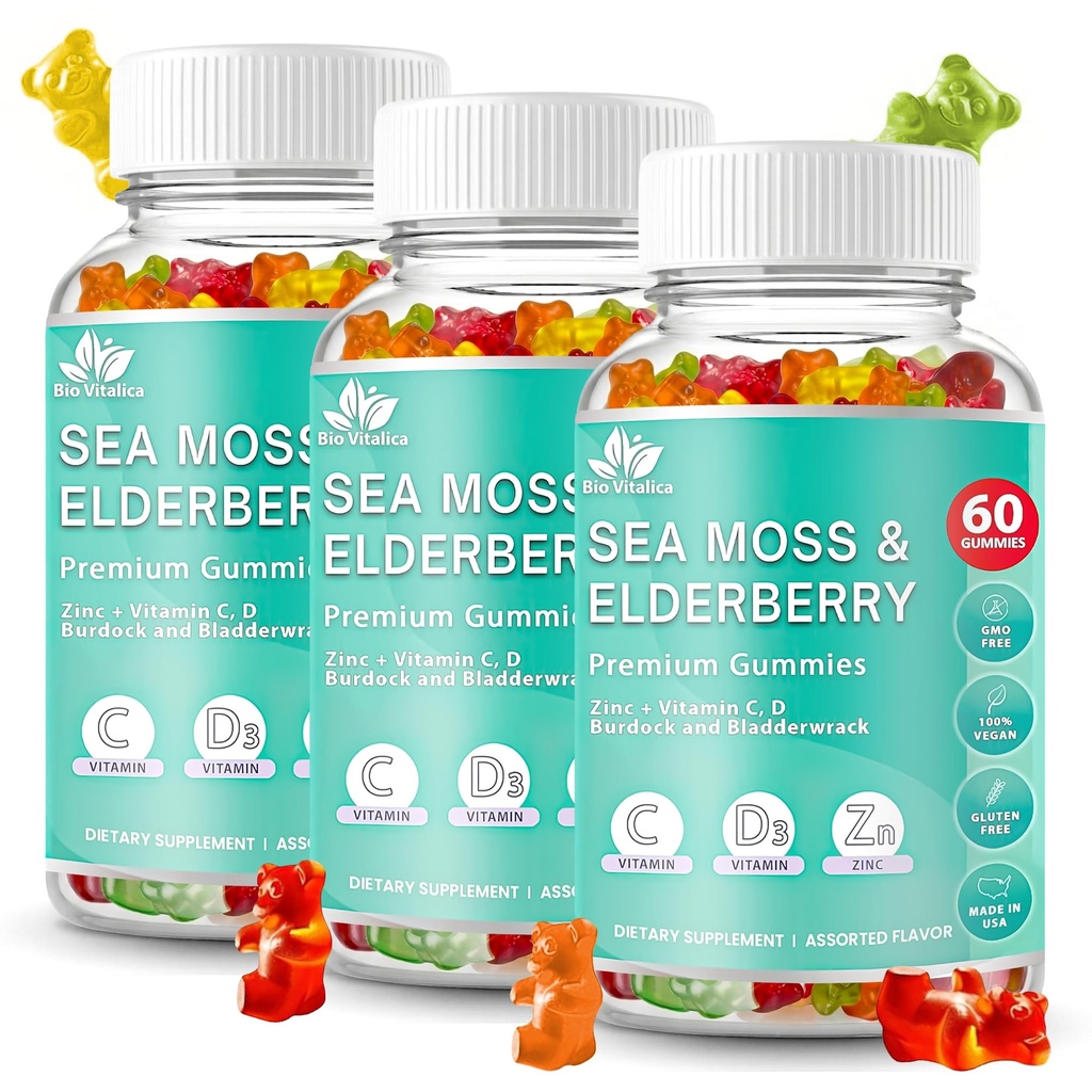 BIO VITALICA Sea Moss Gummies Elderberry BioVitalica - Vitamin C + Zinc - Irish Seamoss Vegan with Sea Moss Gel & powder for Immunity, Detox - for Dewata and Kid (3Packs)