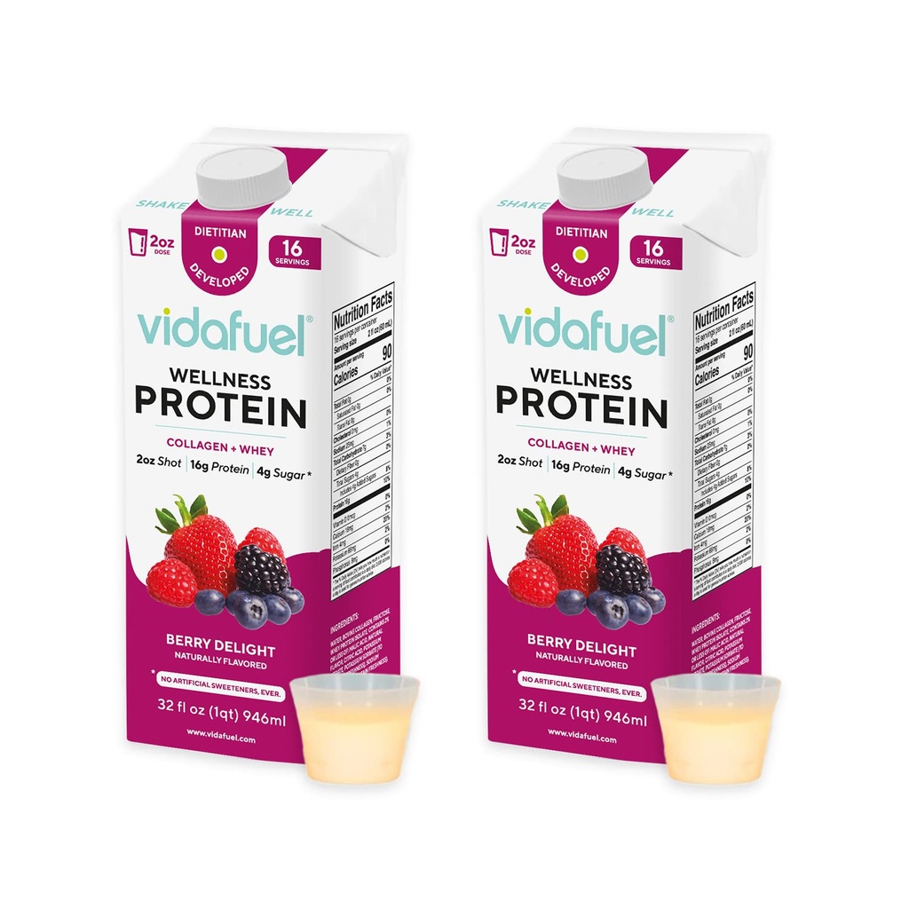 Vidafull Wellness Protein Drink, 16g Protein per 2oz Shot, 32 fl oz Carton, 2 Pack, Berry, Collagen dan Whey Drink, Tidak ada Maneteners Buatan