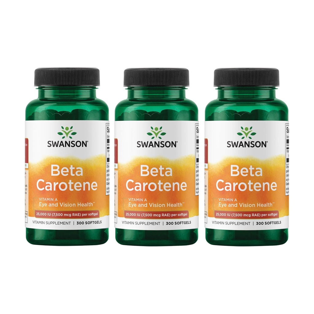 Swanson Beta- Carotene Vitamin A 25000 IU Skin Eye Ammune System Antioksidant Dukungan 7500 mcg 300 Softgels Count (3 Pack)