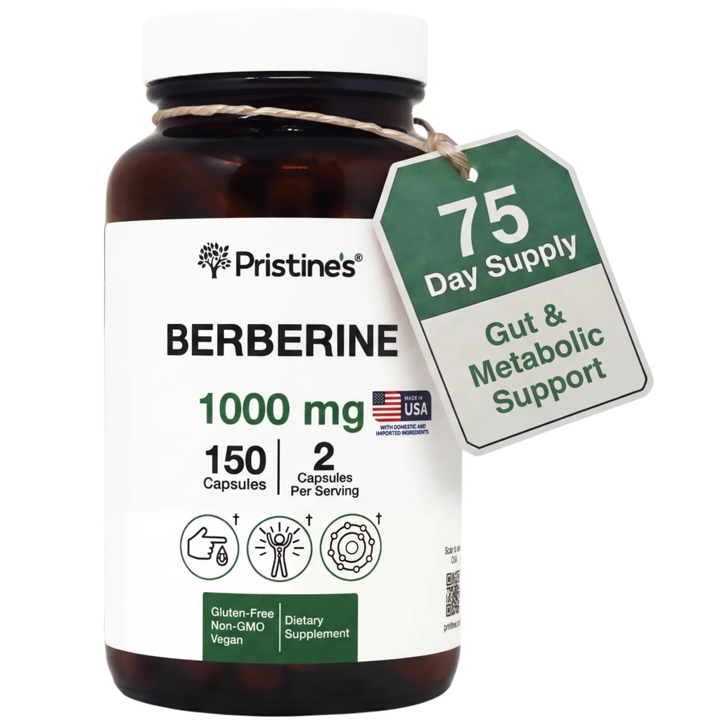 PRISTINE 'S Berberine Tambahan Kapsul - 1000 MG 75 Day Supply 150 Kapsul - Heart, & Imunity Health Dukung Antioksidant - Digetical Tract & Healthy Gut Flora Dukungan