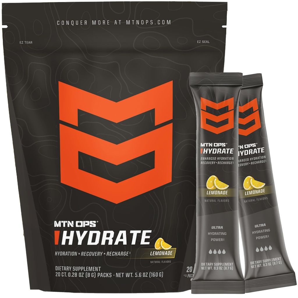 MTN OPS Hydrate Electrolytes Powder Mix, 20 Single Serving On- TheGo Electrolite Packs dengan lebih dari 10.000 mg Elektrolit per Serving, Lemonade