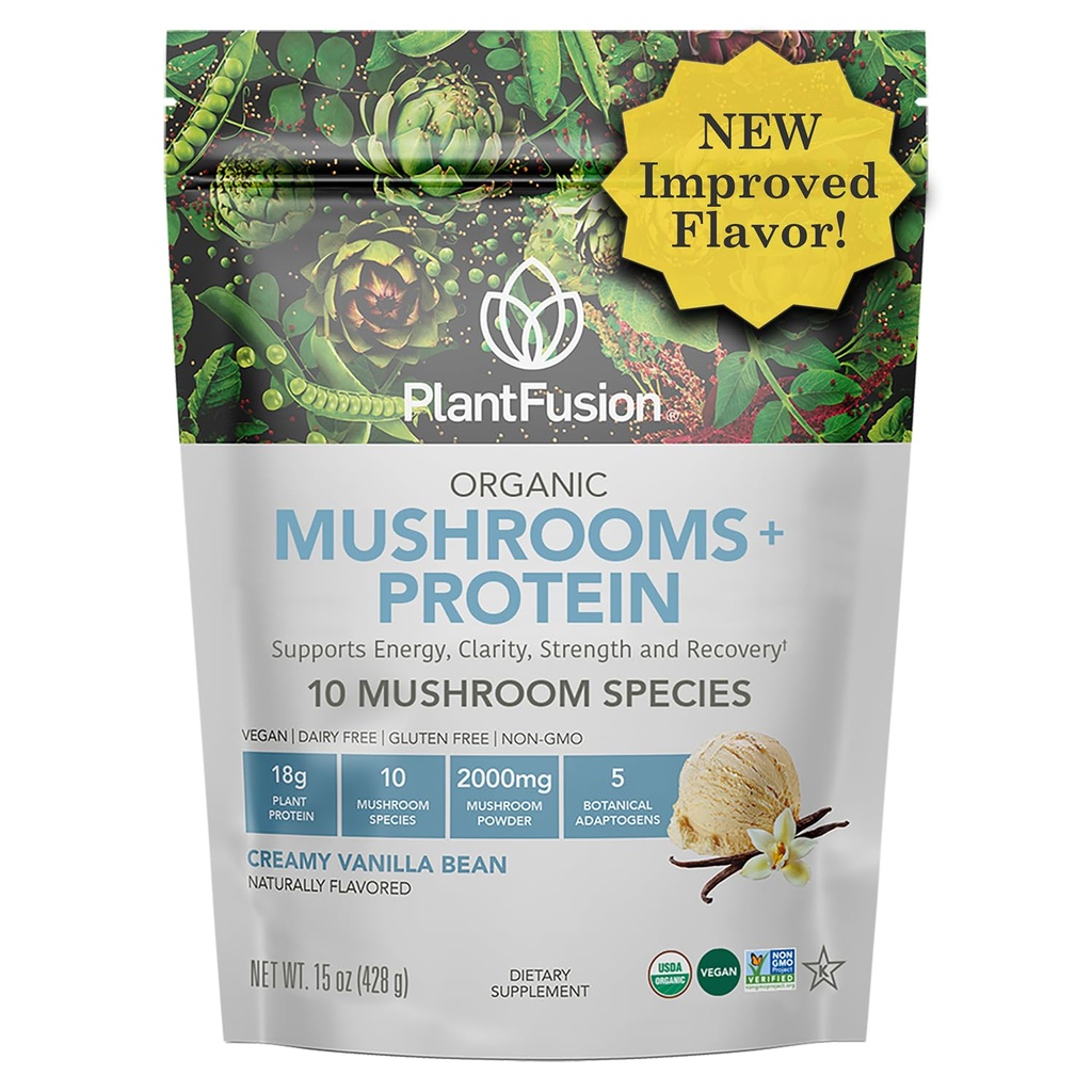 Plantfusion Mushroom Protein Powder - 3 di 1 Vegan Protein Powder, Mushroom Suplement, dan Adaptogen Suplemen - Dukung Mental Focus, Imunitas, dan Pemulihan - Vanilla 1lb