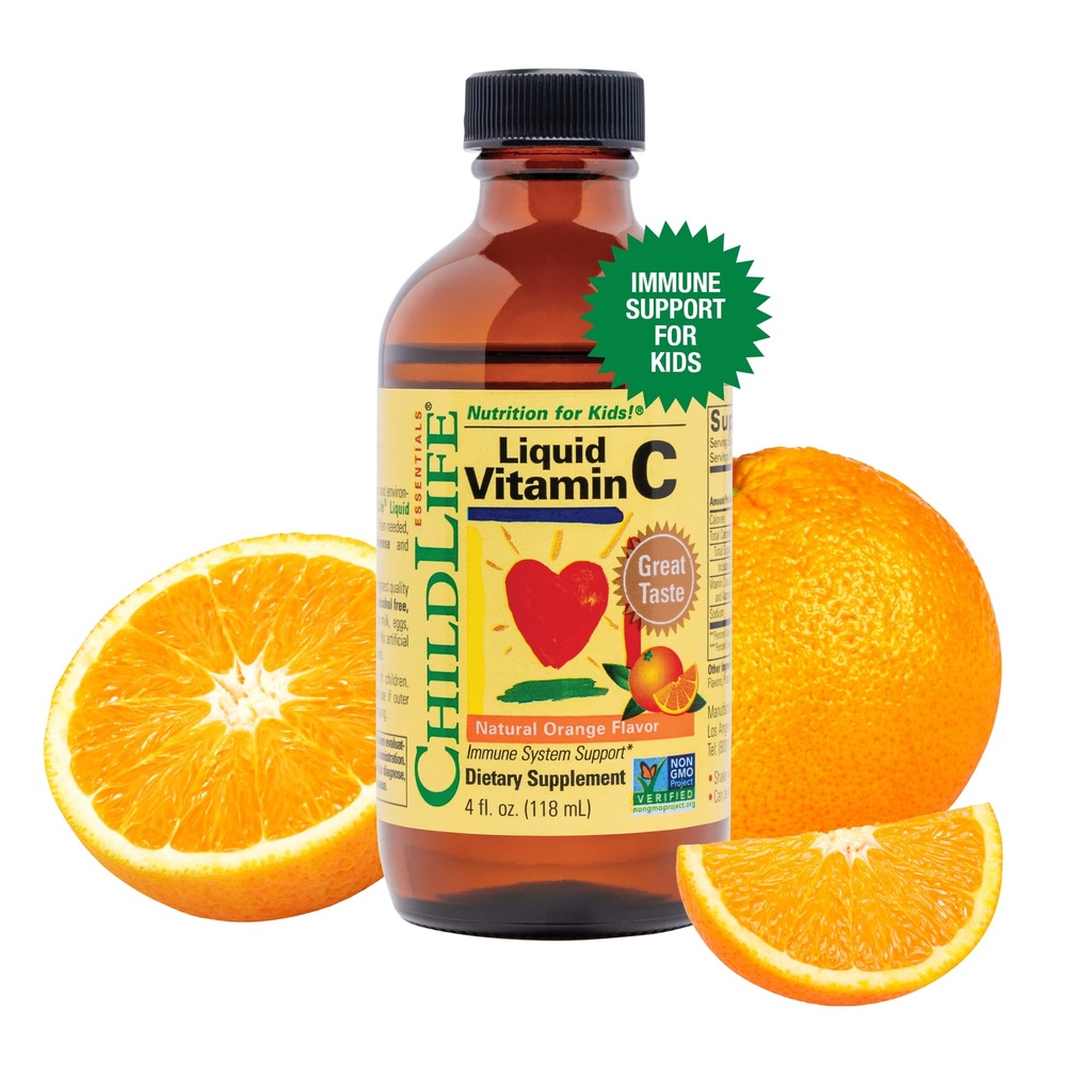 CHILDLIFE ESSENTIALS Liquid Vitamin C - Pure Vitamin C Liquid Suplemen untuk Anak-anak, Toddlers, & Baby, Imune System Dukungan, Natural Orange Flavor, 4 Fl Oz (Paket 1)
