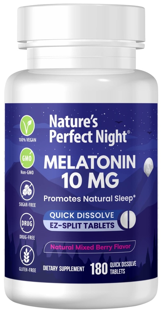 Nature 's Perfect Night 124; Melonatin 10mg 124; 180 QuickDissolve Tablet' s 124; Natural Mixed Berry Flavor 124; Tinggi Potency 124; Sugar Free 124; Vegan 124; Gluten Free Berry 124; Nilai Ukuran Nilai