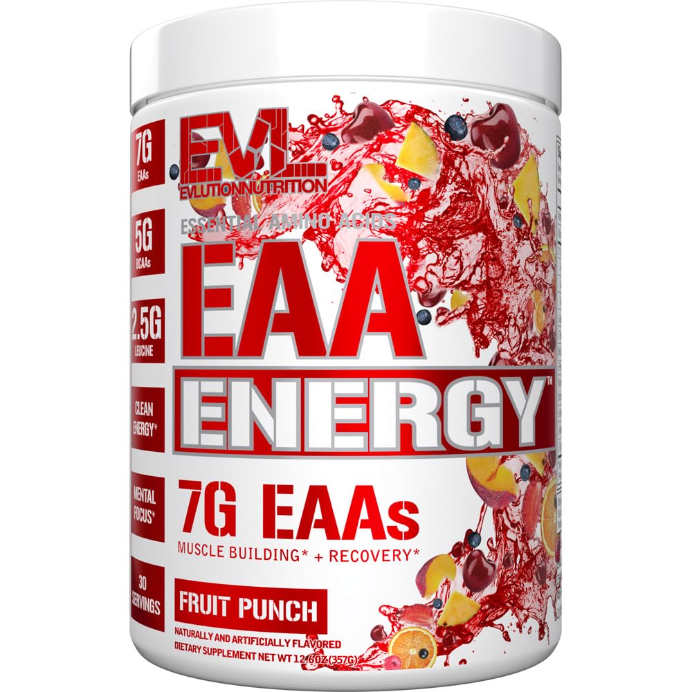 Evolution NUTition EACE Energy - Pra & Post Workout Powder - Strucle & Recovery Suplement - 7g Estile Amino Acids + 5g BCAAs - Clean Energy - with Caffeine - 30 Servings - Fruit Punch