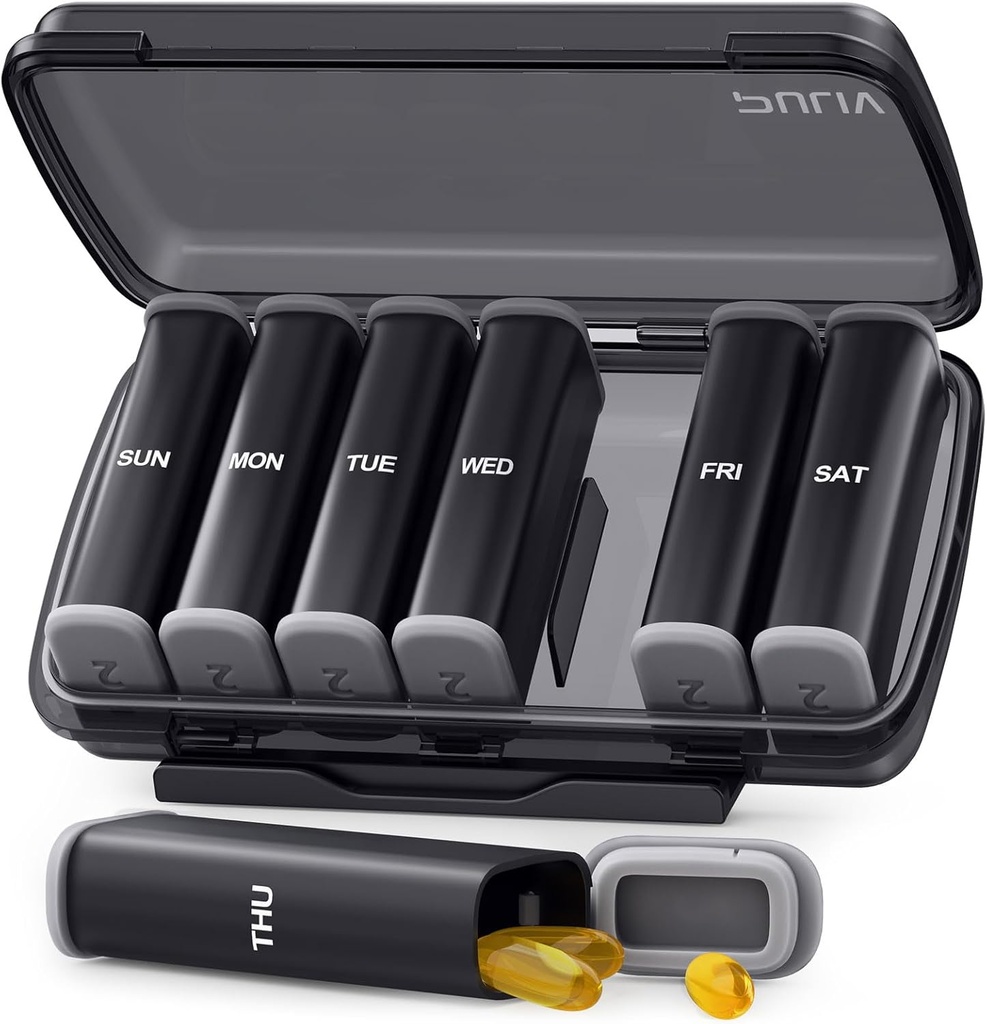 PULIV Large Weekly Pill Organizer 2 Times sehari dengan Dual Damp Design, Black AM PM Pill Box 7 Day untuk Privacy Protection, Pill Case for Vitamin, Medications, Fish Oils, Suplemen