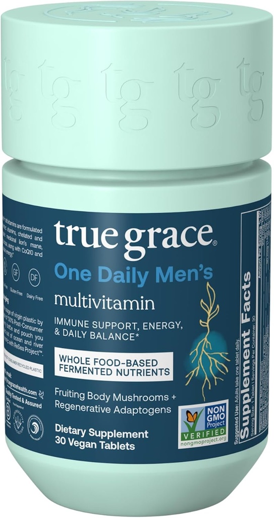 "True Grace One Daily Men 's Multivitamin Fermentasi Mineral, Organic Adaptogens & Mushroom Whole Body Balane, Endurance, Bone & Heart Dukungan - Non-GMO, Gluten Free - 30 Vegan Tablet