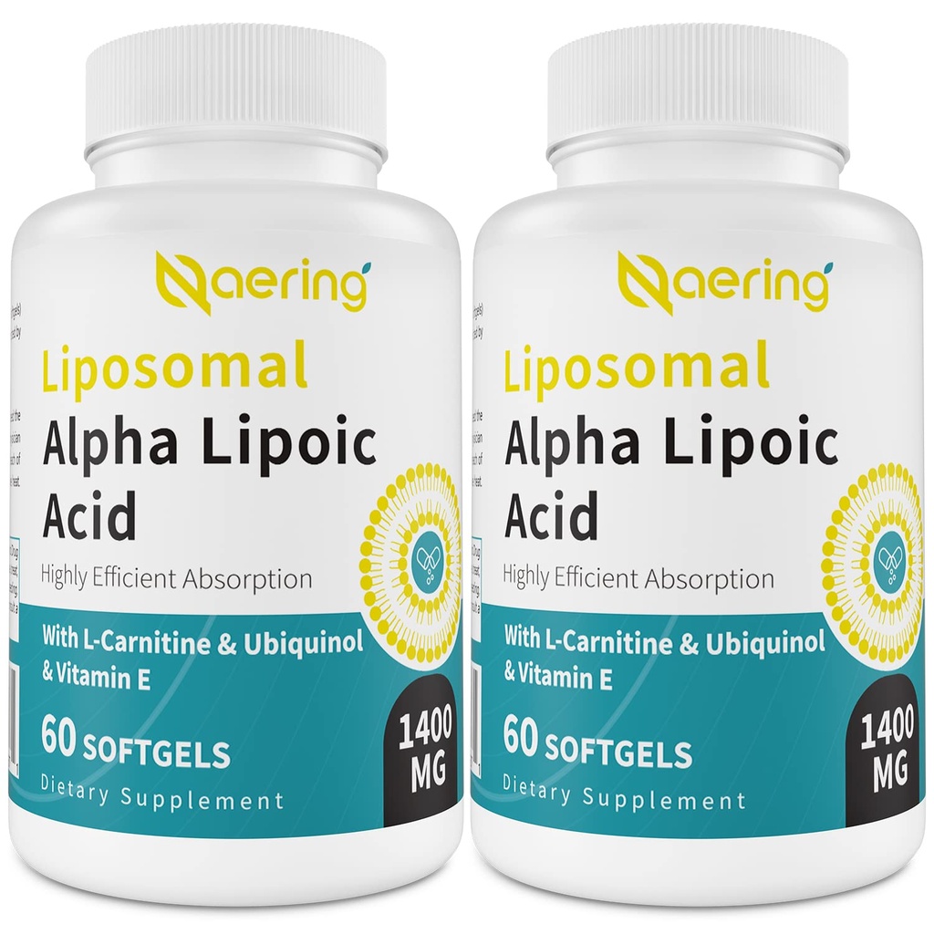 Lipomal Alpha Lipoic Acid 1400mg Softgels, ALA Tambahan dengan L- Carnitine 1000mg, Ubiquinol (Aktif CoQ10) 100mg dan Vitamin E 10mg, Alfa-Lipoic Acid untuk Antioxidants, Nerve, Energy 120 Softgeels