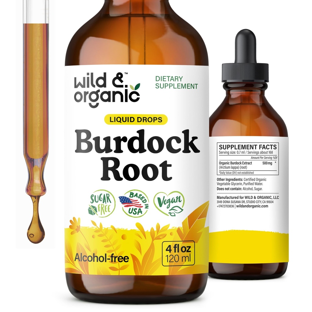 Wild & Organic Burdock Root Tincture - Suplemen Liquid untuk Antioksidant, Detox, Digetical Root Herb Burdock - Vegan, Sugar & Alcohol- Free - 4 fl oz
