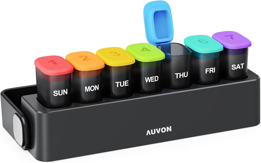 AUVON Moisture-Proof Weekly Pill Organizer with Locking Design, Sleek Pill Box 7 Day Easy to Use, Black Pill Case for Privacy Protection, Pill Holder for Medications, Vitamins, Fish Oils, Supplements