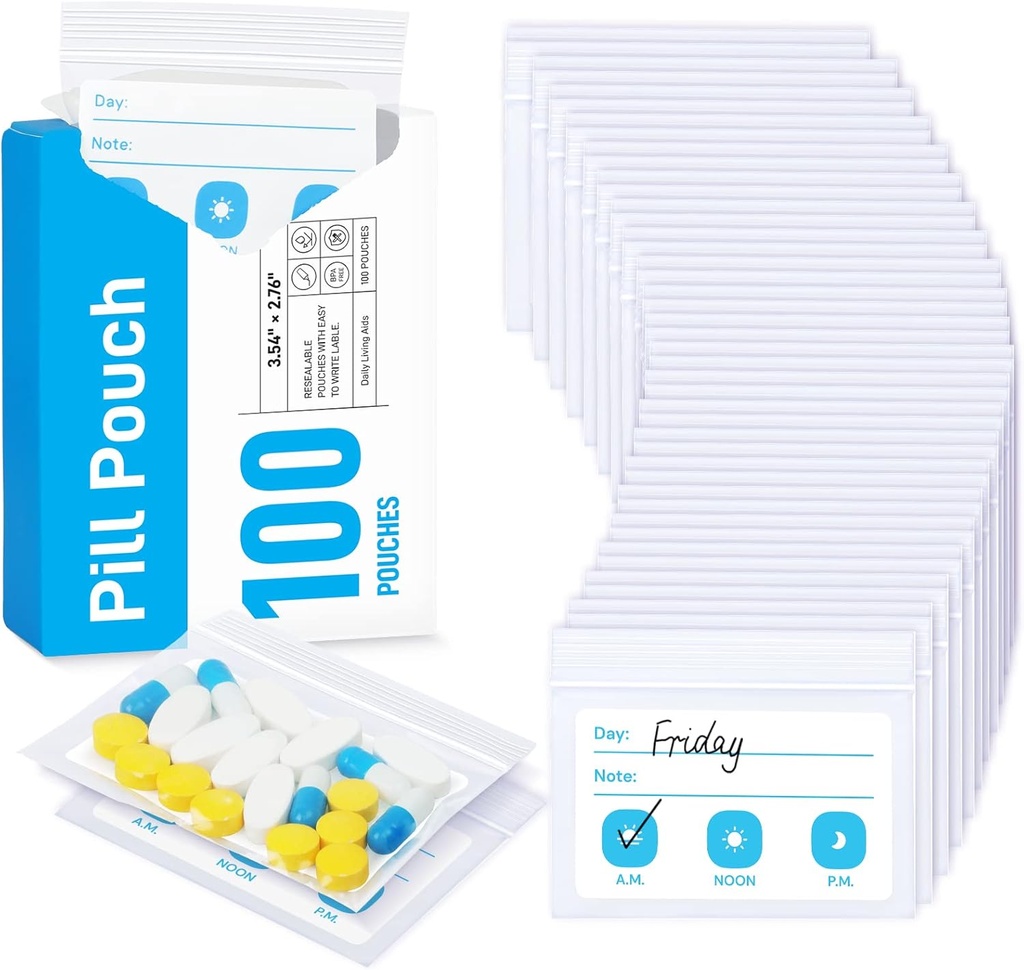 ZIKEE Pill Bags for Travel, Bisa digunakan kembali Pill Pouches BPA Free 2.75 "x 3.54", Dag Obat-obatan Harian dengan Kapasitas XL untuk 24 Oil Ikan, Vitamin Organizer dengan Writegigly-on Area (100 Count)