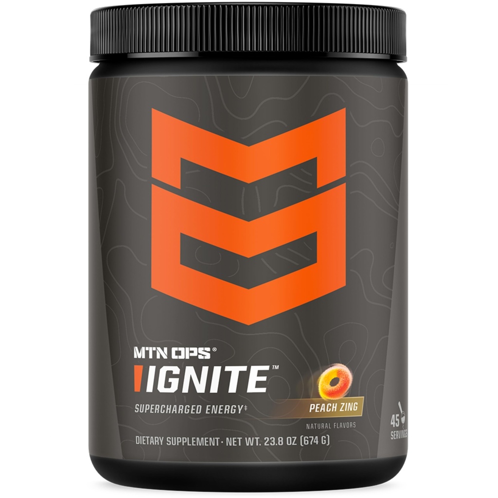 MTN OPS Ignite Energy Chowder, Gluten Free Nootropic Suppplement Drum Mix, L Arginine, L Citrulline, Caffeine & Nootropic Sugar Free Drink Mix, 45 Servings, Peach Zing