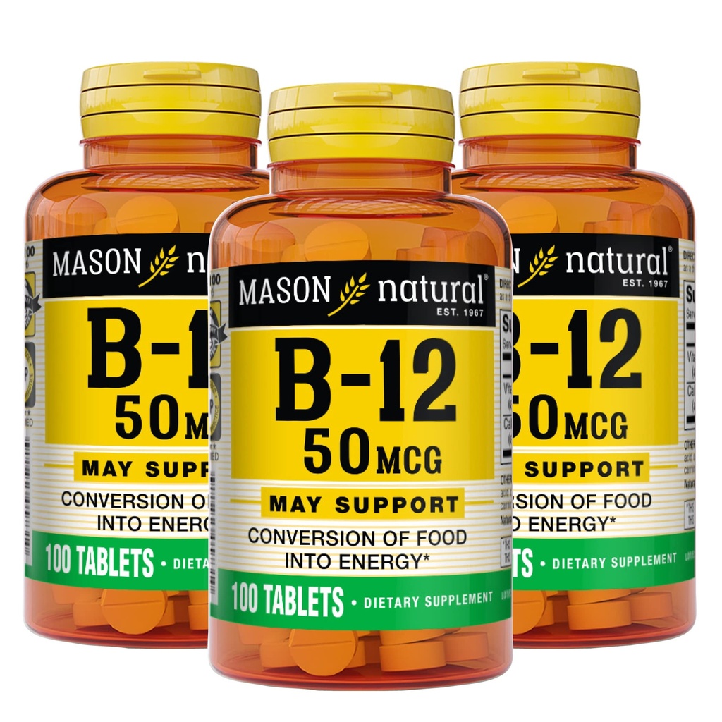 Mason Natural Vitamin B12 50 mcg dengan Kalsium, 300, Tambahan Hari, Tambahan Dieter untuk Mendukung Tingkat Energi Alam, 100 Tablet (Paket 3)