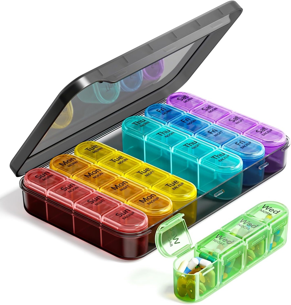 Odaro Weekly Pill Organizer 4 Kali sehari, BPA Free Daily Pill Box 7 Day, Kasus Travel Pill Besar dengan 28 Ruang untuk Menahan Obat-obatan, Vitamin dan Suplemen