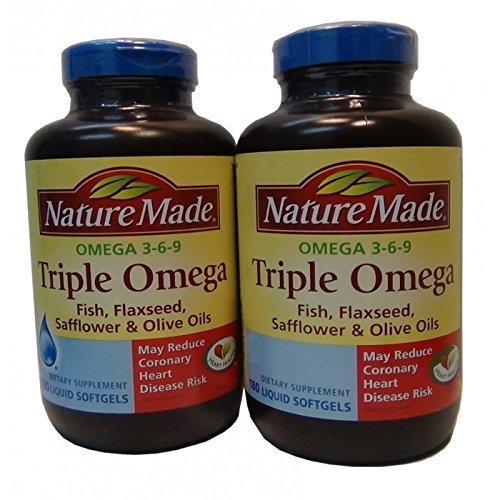 Alam dibuat Triple Omega 3 6 9 - Ikan, Flaxseed, Safflower & Olive Oils - 2 Botol, 180 Softgels Masing-masing