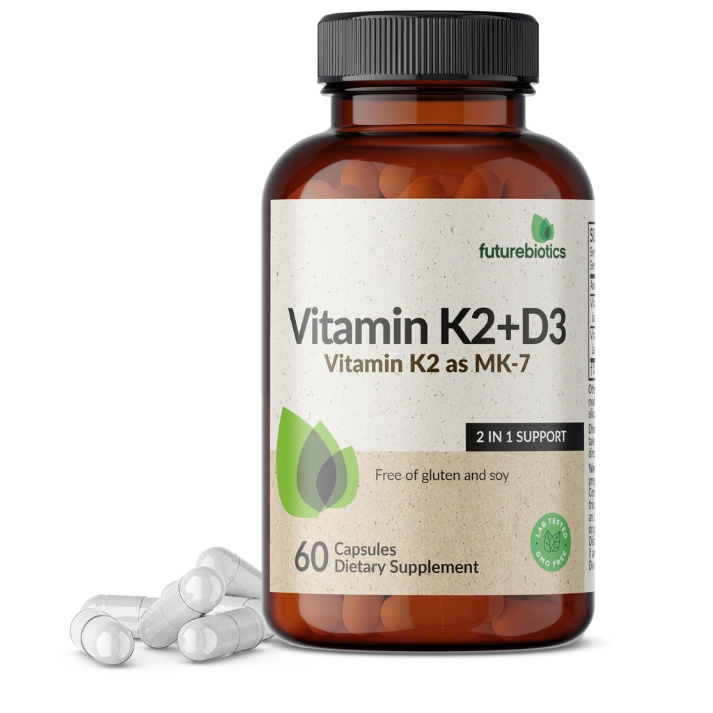Futuregranity Vitamin K2 (MK7) dengan D3 Tambahan - Non- GMO Formula - 5000 IU Vitamin D3 & 90 mcg Vitamin K2 MK-7, 60 Vegetarian Capsules