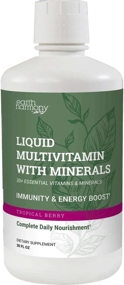 Earth Harmony Liquid Multivitamin for Women & Men (Tropical Berry Flavor) - 30 + Liquid Vitamin, Mineparic & Organic Antioksidant Blend - Morning Multivitamin for Imune Support and Energy - 32 Fl Oz