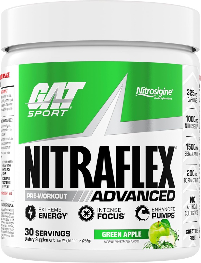 GAT SPORT Nitraflex Advanced Precrout Powder, Increases Blood Flow, Boosts Strength and Energy, Imporcises Performance, Creatine- Free (Green Apple, 30 Servings)