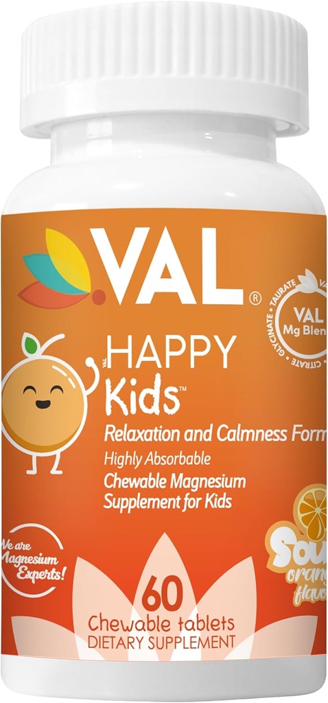VAL Kids Magnesium 124; Calm + Focus Formula 124; 100mg Mg (Glycinate, Citrate, Tadrate) + B6, D3, C 124; Sugar- Free, Non-GMO 124; Fun Chewable Tablets 124; Orange Flavor 124; 60 Ct