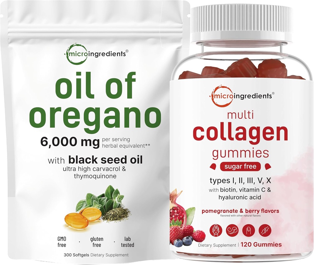 Micro Ingredices Oil of Oregano Softgeels 6000mg Per Serving & Multi Collagen Peptides Gummiles Bundle Bundle Bundle: 4X Kekuatan Carvacrol & Thymoquinon 124; Tipe I, II, III, X Protein