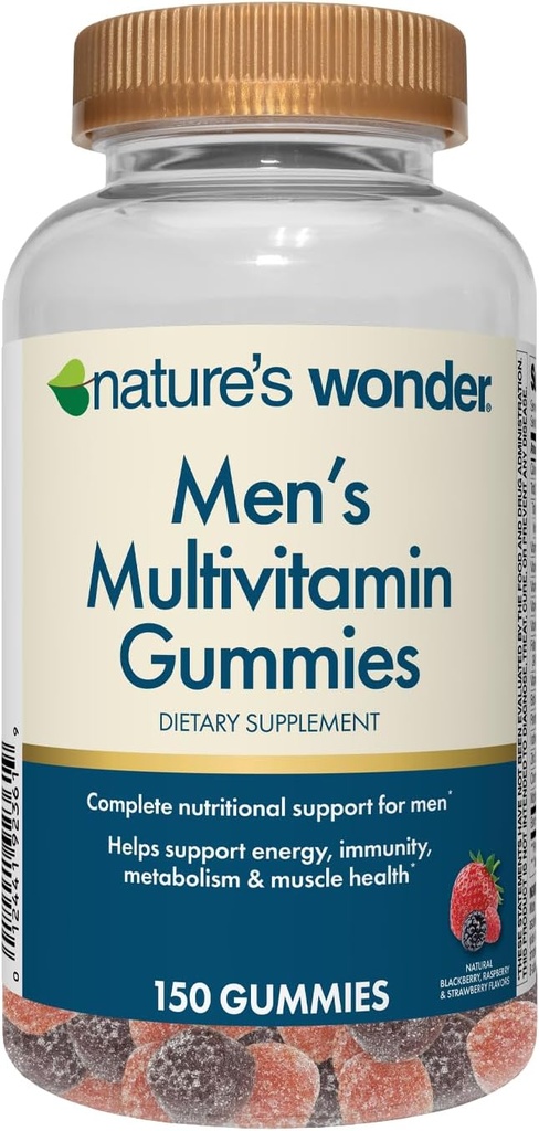 Nature 's Wonder Men' s Multivitamin Gummies, Suplai Kesehatan Ammune, Energi, Metabolisme dan Otot Alam dengan Vitamin A, C, D, B6, B12, 150 Men 's Daily Multivitamin Gummies, 75 Hari Suppply