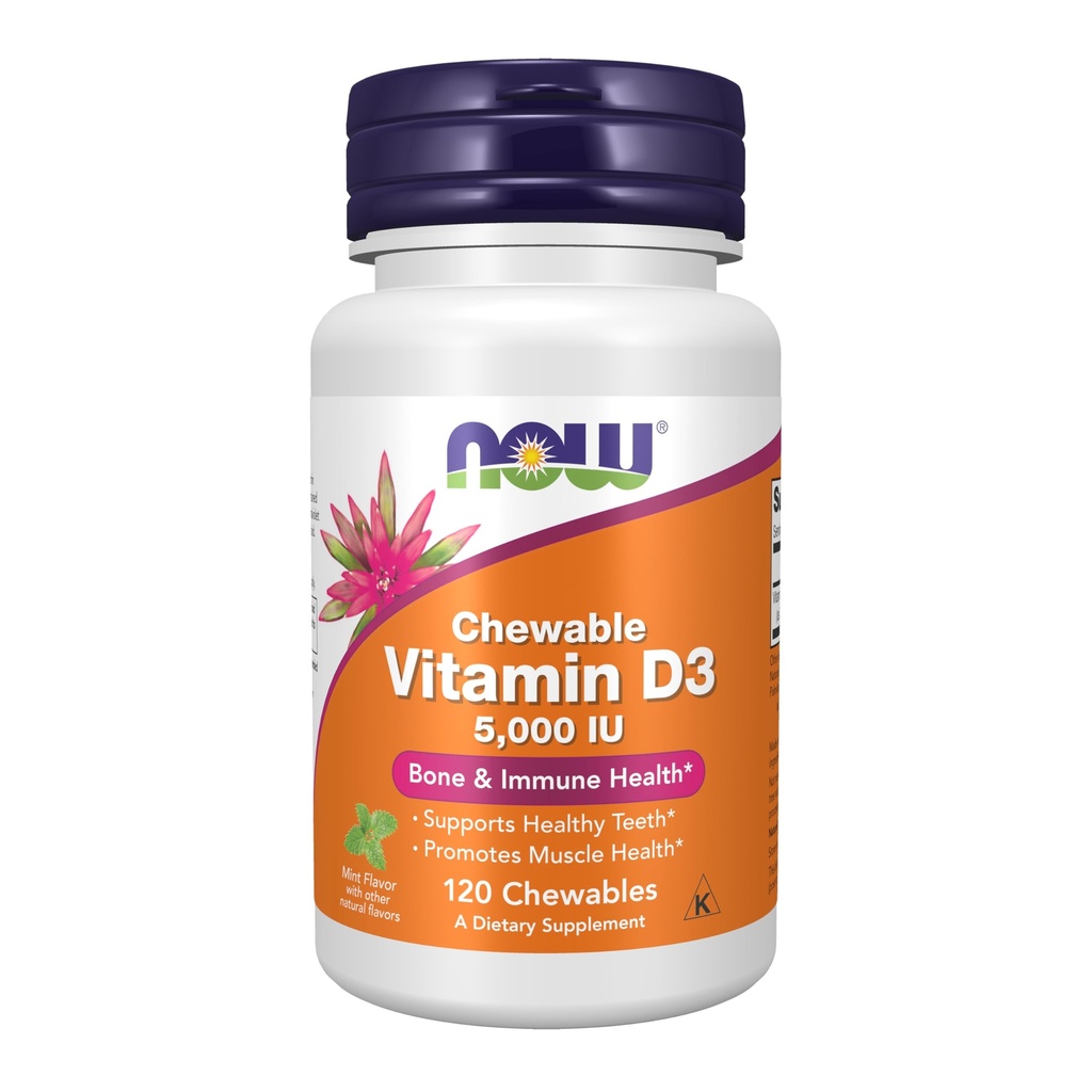 Suplemen Sekarang Makanan, Vitamin D-3 5.000 IU, Mint Flavor Natural, Dukungan Struktural *, 120 Chewables
